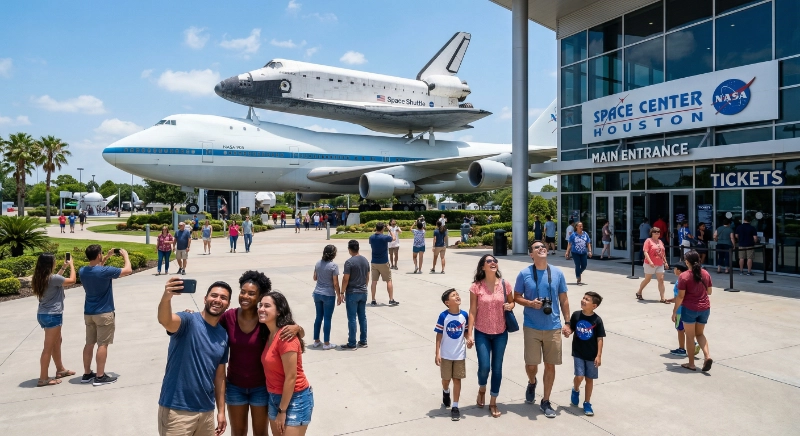 Familia sonriente frente a la entrada del Space Center Houston con el transbordador espacial Independence montado sobre un avión de la NASA al fondo.