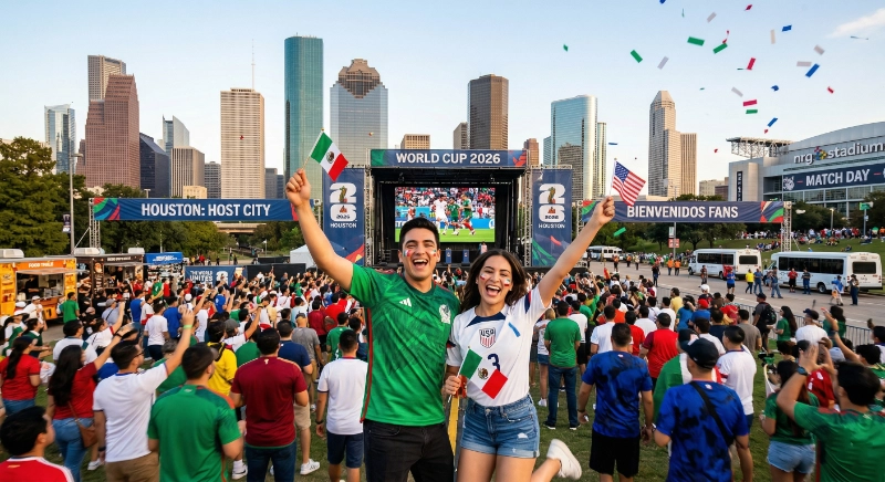 Pareja de aficionados celebrando frente al skyline de Houston durante el Mundial 2026, con banderas de México y Estados Unidos y ambiente festivo de Fan Zone.