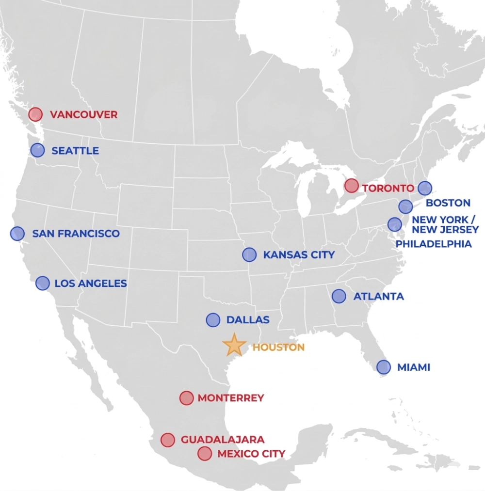Mapa interactivo de Norteamérica que muestra rutas de vuelo populares a Houston, Texas, con marcadores para ciudades clave en Estados Unidos, Canadá y México, incluyendo Nueva York, Los Ángeles, Toronto y Ciudad de México.